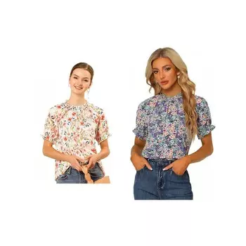 2 упаковки женских повседневных блузок с цветочным принтом и рюшами, короткими рукавами и рюшами на шее ALLEGRA K, цвет White And Black Purple