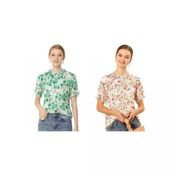 2 упаковки женских повседневных блузок с цветочным принтом и рюшами, короткими рукавами и рюшами на шее ALLEGRA K, цвет White And Green