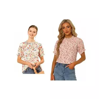 2 упаковки женских повседневных блузок с цветочным принтом и рюшами, короткими рукавами и рюшами на шее ALLEGRA K, цвет White And Light Pink