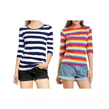 2 упаковки женских повседневных футболок с принтом и круглым вырезом с рукавами до локтя ALLEGRA K, цвет Blue And Multicolor