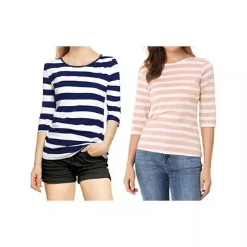 2 упаковки женских повседневных футболок с принтом и круглым вырезом с рукавами до локтя ALLEGRA K, цвет Blue And Pink White