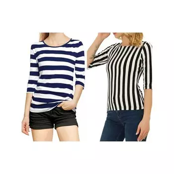 2 упаковки женских повседневных футболок с принтом и круглым вырезом с рукавами до локтя ALLEGRA K, цвет Blue Or Verticalstripe