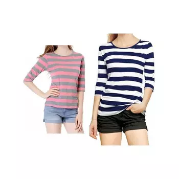 2 упаковки женских повседневных футболок с принтом и круглым вырезом с рукавами до локтя ALLEGRA K, цвет Blue And Pink