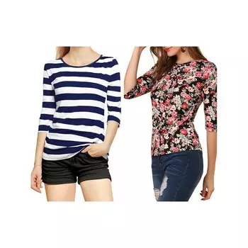 2 упаковки женских повседневных футболок с принтом и круглым вырезом с рукавами до локтя ALLEGRA K, цвет Blue And Black Floral