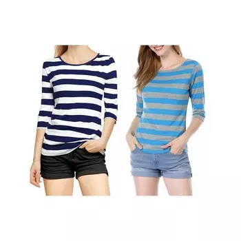 2 упаковки женских повседневных футболок с принтом и круглым вырезом с рукавами до локтя ALLEGRA K, цвет Blue And Blue Gray