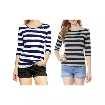 2 упаковки женских повседневных футболок с принтом и круглым вырезом с рукавами до локтя ALLEGRA K, цвет Blue And Black