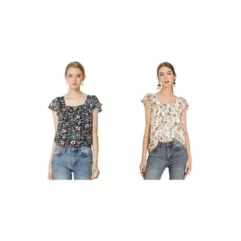 2 упаковки женских шифоновых блузок с рюшами и рукавами в винтажном стиле, многослойные блузки с цветочным принтом, топы ALLEGRA K, цвет White Navy Blue