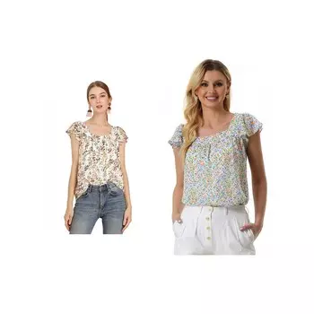 2 упаковки женских шифоновых блузок с рюшами и рукавами в винтажном стиле, многослойные блузки с цветочным принтом, топы ALLEGRA K, цвет White Purple Floral