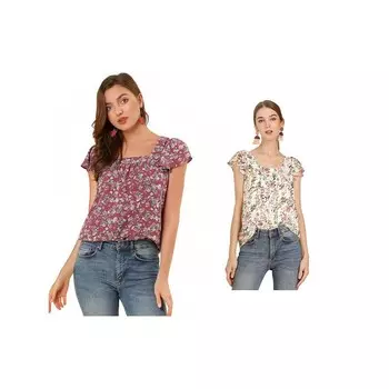 2 упаковки женских шифоновых блузок с рюшами и рукавами в винтажном стиле, многослойные блузки с цветочным принтом, топы ALLEGRA K, цвет White Wine Red