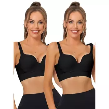 2 упаковки женских спортивных бюстгальтеров для фитнеса средней ударной нагрузки с беспроводной подкладкой и глубоким V-образным вырезом ALLEGRA K, черный