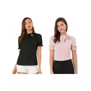2 упаковки женских топов с галстуком-бабочкой, элегантная офисная блузка с короткими рукавами ALLEGRA K, цвет Pink And Black