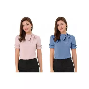 2 упаковки женских топов с галстуком-бабочкой, элегантная офисная блузка с короткими рукавами ALLEGRA K, цвет Pink And Blue