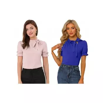 2 упаковки женских топов с галстуком-бабочкой, элегантная офисная блузка с короткими рукавами ALLEGRA K, цвет Pink And Royal Blue
