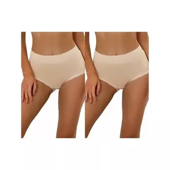 2 упаковки женского хлопкового нижнего белья с высокой талией и кружевной отделкой, трусики с полным покрытием для контроля живота ALLEGRA K, бежевый