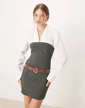 2 в 1 мини-платье под рубашку с поясом в оливковом цвете ASOS DESIGN