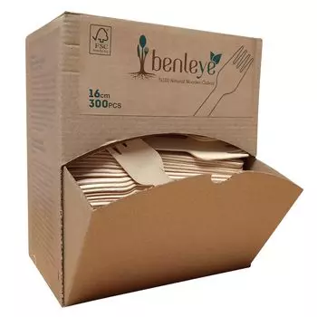 300 одноразовых вилок из древесины FSC в коробке-диспенсере, 16 см, одноразовые столовые приборы, деревянные столовые приборы benleye