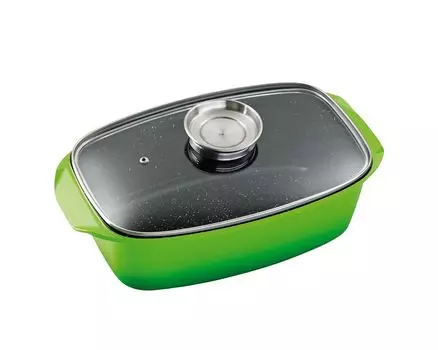 33x21см Жаровня KING из литого алюминия со стеклянной крышкой и кнопкой ароматизации / цвет: зеленый / внутреннее керамическое покрытие: FUSION