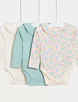3 боди из чистого хлопка с оборками (0–3 года) Marks & Spencer, розовый/белый