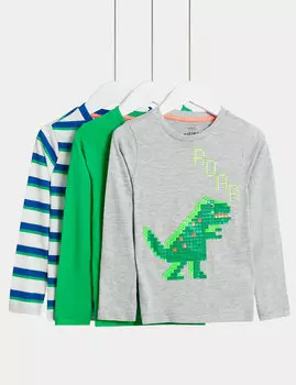 3 хлопковых топа с динозаврами и полосками (2–8 лет) Marks & Spencer, мульти