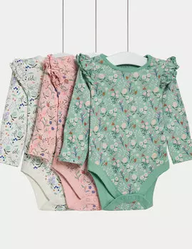3 комплекта боди из чистого хлопка с цветочным принтом (от 6 фунтов до 3 лет) Marks & Spencer, розовый микс