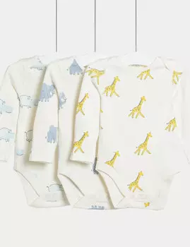 3 комплекта боди из чистого хлопка с животным принтом (0–3 года) Marks & Spencer, белый микс