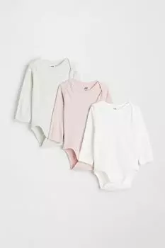 3 комплекта хлопковых боди с длинными рукавами H&M, светло-розовый/белый