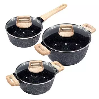 3 куска Набор кастрюль KING ESSENTIAL 18,20,24см кастрюли из алюминия с прочным антипригарным керамическим покрытием / 3 кастрюли размером: 18см, 20см и 24см / Внутри: WHITFORD FUSION/ серый под мрамор, с деревянной ручкой