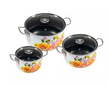 3 куска Набор кастрюль KING ROSENDRUM / 3 кастрюли из стали толщиной 1,2 мм размером 16 см, 20 см и 24 см / с прочным черным антипригарным покрытием внутри / включая стеклянную крышку с пароотводом