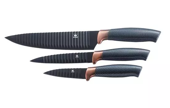 3 куска Набор ножей KING CARBON DESIGN с лезвиями из нержавеющей стали с рифленой структурой / размеры: поварской нож 20см, универсальный нож 12,5см, нож для овощей 8,5см