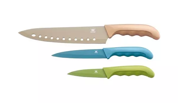 3 куска Набор ножей KING METALLIC STYLE с лезвиями из нержавеющей стали, эргономичными ручками. Размеры: поварской нож 20 см, универсальный нож 12,5 см и нож для овощей 8,5 см