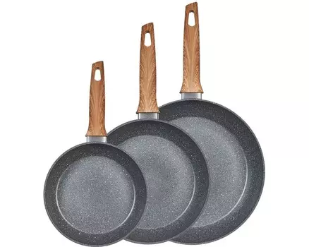 3 куска Набор сковородок KING ESSENTIAL 20,24,28 см из алюминия, с прочным антипригарным покрытием, внутренняя часть/серый, под мрамор, с деревянной ручкой