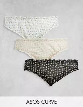 3 пары бразильских трусов с оборками ASOS DESIGN Curve с цветочным принтом