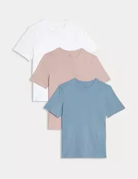 3 пары футболок из чистого хлопка с круглым вырезом Marks & Spencer, бледно-голубой микс