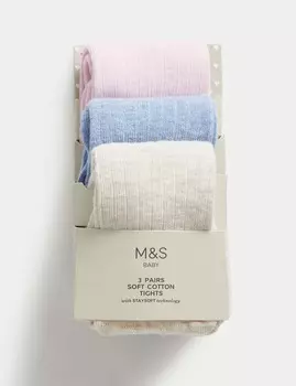 3 пары хлопковых колготок в рубчик Marks & Spencer, разноцветный