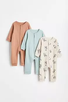 3 пары хлопковых пижам H&amp;M, светло-бежевый/панды