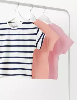 3 пары однотонных и полосатых футболок из чистого хлопка (2–8 лет) Marks & Spencer, розовый микс