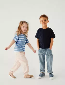 3 пары однотонных и полосатых футболок из чистого хлопка (2–8 лет) Marks & Spencer, зеленый микс