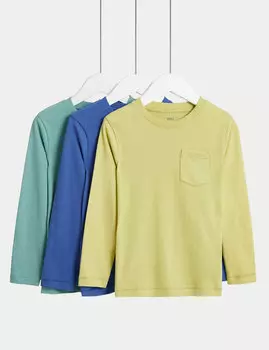 3 пары однотонных топов из чистого хлопка (2–8 лет) Marks & Spencer, мульти