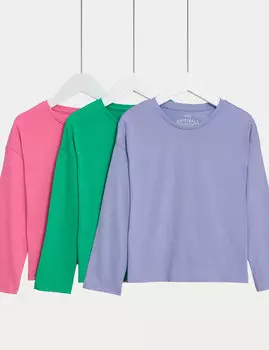 3 пары однотонных топов из чистого хлопка (2–8 лет) Marks & Spencer, мульти