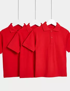3 пары школьных рубашек-поло унисекс из чистого хлопка (2–16 лет) Marks & Spencer, красный