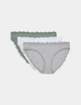 3 пары трусиков-бикини из хлопка с кружевом Marks & Spencer, зеленый