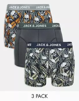 3 пары трусов-транков с принтом черепа в темно-синем цвете Jack & Jones