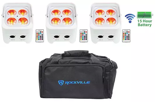 3) Rockville BEST PAR 50 White Перезаряжаемый Par Lights Wireless DMX+RGBWA+UV+сумка (3) BEST PAR 50 WHITE+RLB80