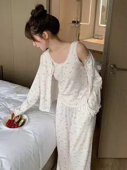 3 шт., Маленькие пижамы с цветочным принтом с кружевным краем, белое платье Dazy, белый
