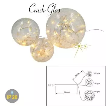 3 стеклянных шара со светодиодной подсветкой, декоративная подсветка Сказочные светильники FIONA, 60 функций освещения LED-8, D: 10+15+20 см, имитация битого стекла Dapo Leuchten, прозрачный