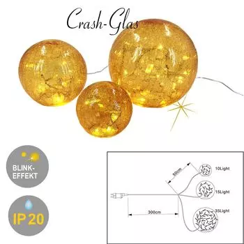 3 стеклянных шара со светодиодной подсветкой, декоративная подсветка Сказочные светильники FIONA, 60 функций освещения LED-8, D: 10+15+20 см, имитация битого стекла: ЯНТАРНЫЙ Dapo Leuchten, желтый