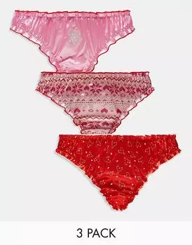 3 упаковки рождественских атласных стрингов с праздничным принтом ASOS DESIGN