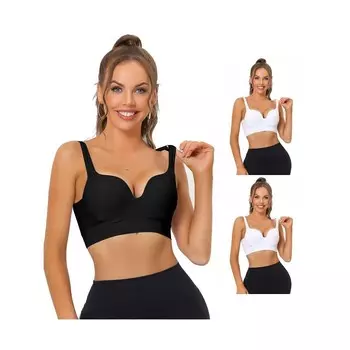 3 упаковки женских спортивных бюстгальтеров для фитнеса средней ударной нагрузки с беспроводными подушками и глубоким V-образным вырезом ALLEGRA K, цвет White Black