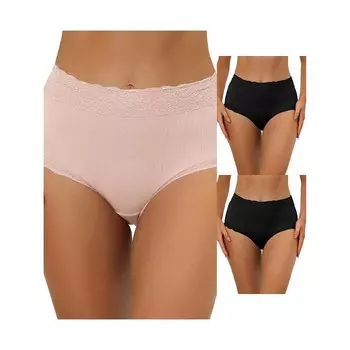 3 упаковки женского нижнего белья с высокой талией, удобные трусики в рубчик с кружевной отделкой ALLEGRA K, цвет Black Beige Pink
