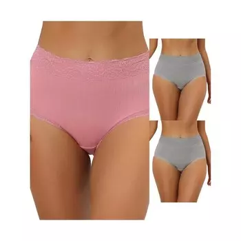 3 упаковки женского нижнего белья с высокой талией, удобные трусики в рубчик с кружевной отделкой ALLEGRA K, цвет Gray Pink